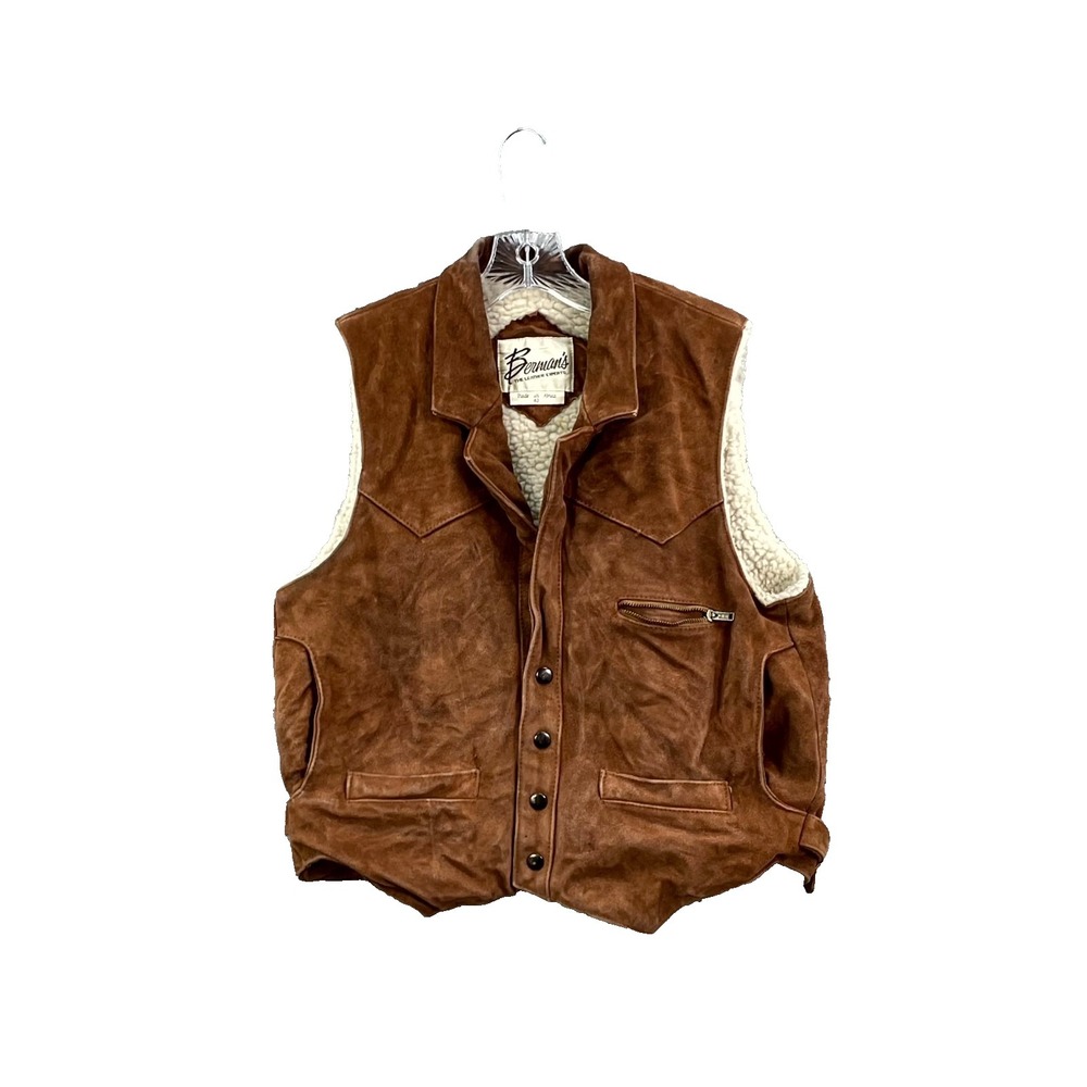 Vintage Berman's Leather Vest Mens 42 Brown Sherpa Lined Western Rancher Cowboy